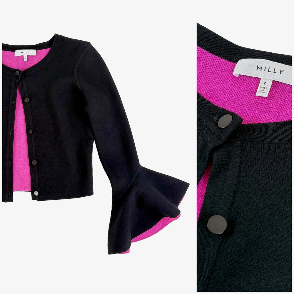 MILLY Cardigan Sweater Womens XS Black Pink Tulip Sleeve Ruffle Classic Dressy